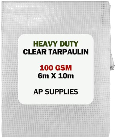 AP Supplies 100gsm Clear Tarpaulin 6m x 10m – M-Grade Reinforced Mesh with Eyelets – Transparent Waterproof Cover for Greenhouses, Outdoor Workspaces & Garden Protection