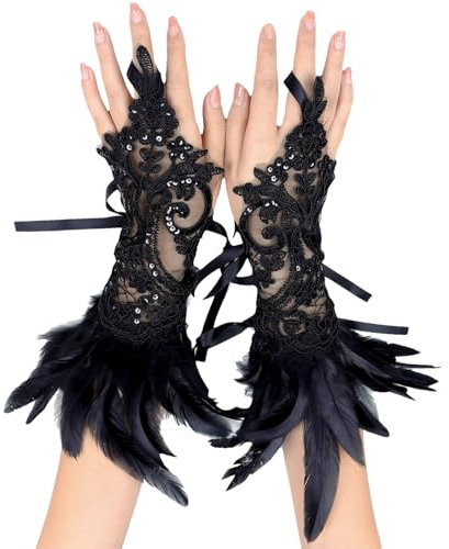 YOUYIKE Spitze Feder Handschuhe, Feder Manschetten, Maleficent Kostüm, Netzhandschuhe Karneval Kostüme, Dekorative Federärmel für Halloween, Cosplay, Gotische Kleiderparty(Schwarz)