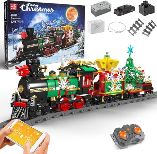 Mould King 12012 Weihnachten Bausteine, 1296 Teile Weihnachten Zug Elektrisch LED-Licht Dampflokomotive Set Modell Bausatz, Weihnachten Geschenke Spielzeug für Kinder ab 8 Jahren