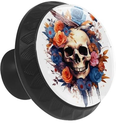 Anna Cowper Lot de 12 boutons d'armoire noirs en verre avec tête de mort et oiseaux pour commode, tiroirs, armoires de cuisine, portes de meubles, 35 mm