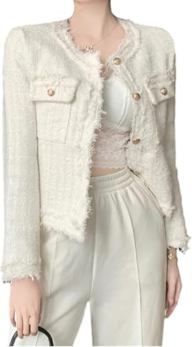 Blazer en Tweed à Carreaux pour Femmes, Blazer sans col Ouvert, Manteau de Veste Court de Travail élégant