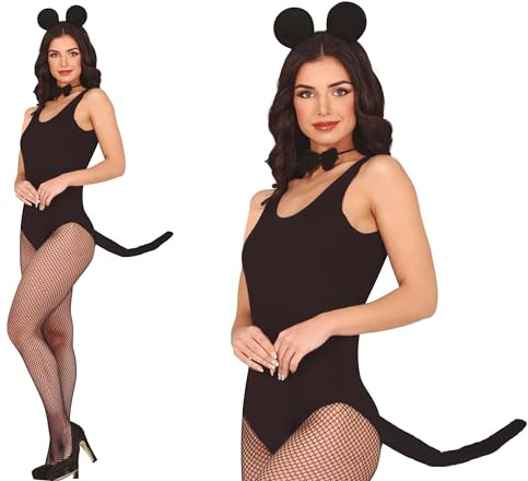 FIESTAS GUIRCA Mäuse-Set mit Haarband, Schleife und Schwanz (Einheitsgröße), Kostümzubehör für erwachsene Damen, ideal für Tierpartys und Junggesellinnenabschiede, Schwarz