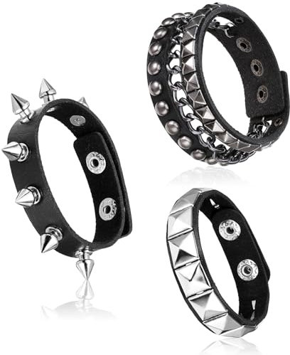 JIYIN 3 Pcs Punk Rock Leather Bracelets, Punk Rock Studded Bracelet Spiked Leather Cuff Bracelet for Men Women 80s Wristband Adjustable Wrap Wrist Cuffs for Halloween Party Favors