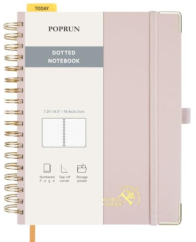 POPRUN Notizbuch B5 Gepunktetes, Bullet Dotted Journal, Spiral-Notizbücher 120 GSM Papier, 220 nummerierte Seiten, Hardcover mit Kleberegisterkarten und 8 Abreißblättern - LPK(Hellrosa)
