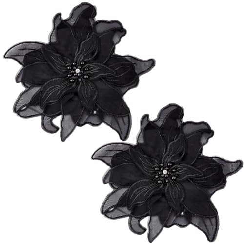 CABODYALS 2 Stück 3D Stickerei Applikation Mit Blumenmuster Schwarze Polyester Spitzen Blumen Applikationen Strass Kristallperlen Zum Aufnähen Auf Tüll Patches Zum Nähen von Kleidung Kleidern Kostümen