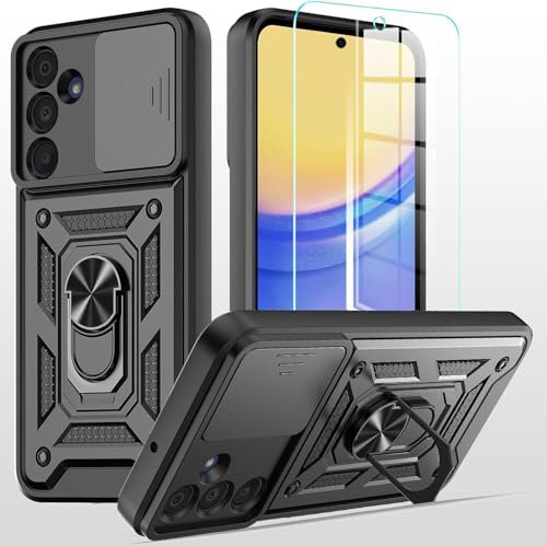 hülle für Samsung Galaxy A56 Handyhülle Kameraschutz Slide Camera mit 1 Stück Panzer Schutz Glas , 360 Grad Drehbar Metall Ring Fallschutz Handy Hüllen Outdoor Schutzhülle Cover Schwarz