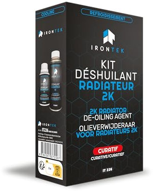 Kit Déshuilant Radiateur 2K Curatif IRONTEK | 2X 150ml | Bi-composant, Nettoyage système Refroidissement, élimine Huile, boues, tartre | Facile à Utiliser, Action Rapide, Longue durée