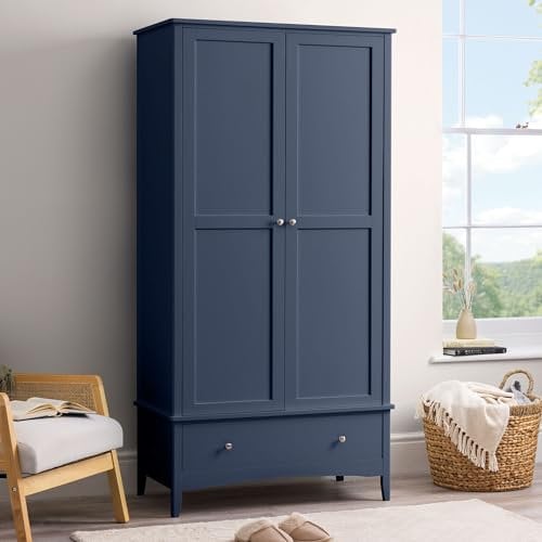 CHRISTOW Navy Blue Double Wardrobe with Drawer, 2 Door Storage Cupboard, Modern Wooden MDF Bedroom Furniture, Clothes Rail, Shelf, Brushed Chrome Handles, Soft Shut Hinges (185cm x 94.5cm x 50cm)