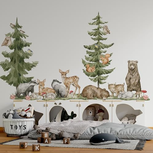 Wandtattoos für Kinderzimmer – Süße Waldtiere in Pastellfarben – Hase, Fuchs, Vogel, Borsuk – Natur Wandsticker Babyzimmer – Mädchenzimmer Deko Wald (Waldtiere für Kinder)
