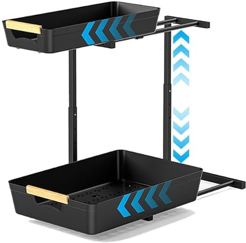 HASA zone 2 Niveaux Extractible Rangement Sous Evier Cuisine, Hauteur Réglable 33,5-41,5 cm Etagere Coulissante Placard, Rangement et Organisation de Cuisine, Noir