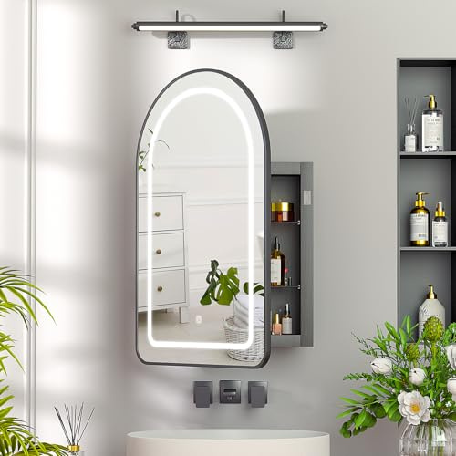 Mepplzian Spiegelschrank Bogen,Spiegelschrank Bad mit Beleuchtung,51 x 80cm | Gebürstet Schwarz Spiegelschrank Bad,Touch-Bedienung,Memory-Funktion,3 Farben,verstellbare Glasablagen,Einbau und Wandmontage