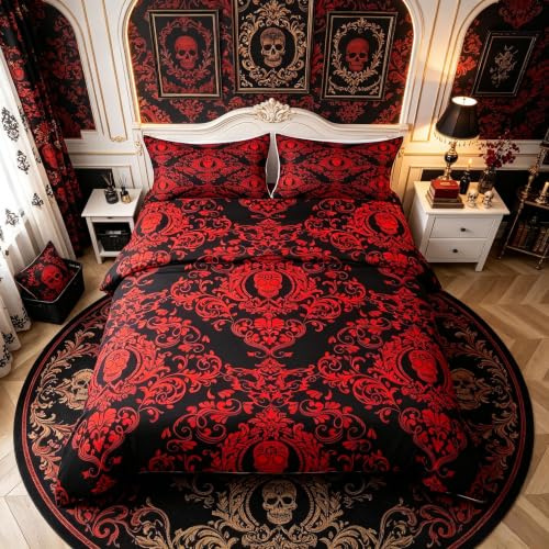 Loussiesd Bettwäsche-Set für Erwachsene, Rot, Vintage-Design, Damast, Blumenmuster, orientalisch, antikes Bettdeckenbezug-Set, Einzelgröße, Gothic, Bohemia, Boho, Bettbezug, exotischer Totenkopf