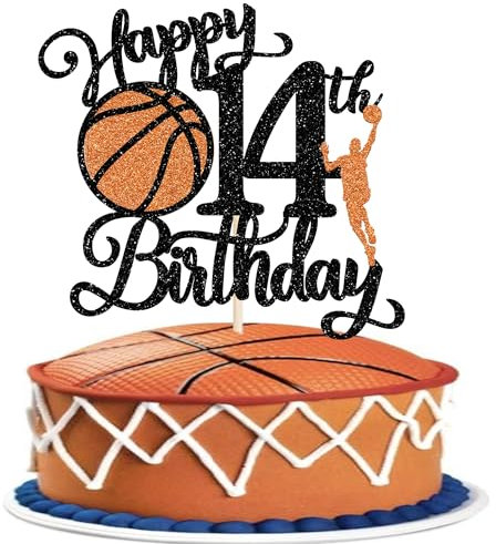 Xsstarmi 1 Packung Tortendeko 14. Geburtstag Tortenaufsatz Glitzer Basketballspieler Kuchen Topper für Vierzehnter Geburtstag Zubehör für Party Kuchen Dekorationen