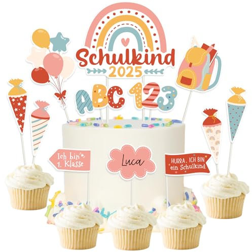 MEJOSER 21 Stück Tortendeko Einschulung Cake Cupcake Topper Schulkind 2025 Torten Kuchen Topper 1. Klasse Mädchen Junge Regenbogen Schultüte Deko Schulanfang Schuleinführung (Rosa)