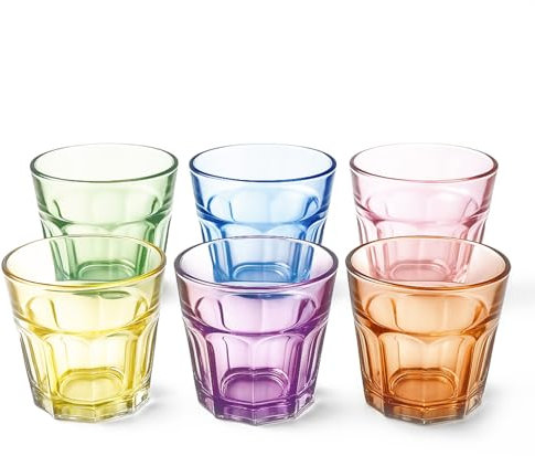 TIENDA EURASIA – Vasos de Cristal | Pack 6 Uds | Vidrio | Colores: Amarillo, Azul, Naranja, Morado, Rosa y Verde | 8.5x8.5x12 cm y 8.5x8.5x9.5 cm | Apto para Lavavajillas | No apto para Horno (300 ml)