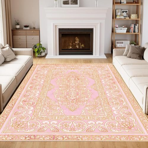 ZLXMN 60x110cm Traditioneller Teppich Rosa Vintage-Bohemian-Design Kleine und GroßE Matten Langlebig rutschfest Waschbar Klassische Orientalischer Teppich füR Schlafzimmer Wohnzimmer