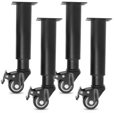 EUBSWA Lot de 4 pieds de meubles réglables en hauteur avec roulettes de 245 à 360 mm, noirs, en métal, réglables en hauteur pour pieds de meubles, pieds d'armoire, pieds de table, pieds de commode