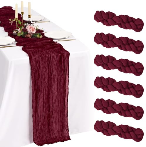 6 Pack Burgund Käsetuch Tischläufer 10FT Boho Gaze Käsetuch Tischläufer Abwaschbar Romantische Rustikale Tischdekorationen für Hochzeit Party Geburtstag Feiertag Zuhause(55x300cm)