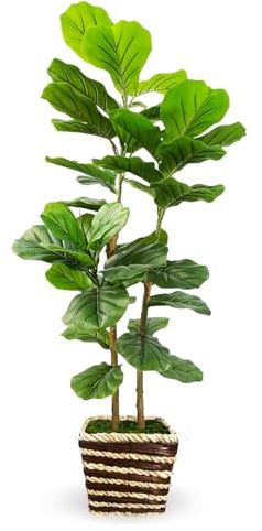 Artificial Plant Indoor with Pot,120cm Faux Fiddle Leaf Fig Tree with Natural Wood Trunk,Fake Plants for Indoor Outdoor Office Living Room Bathroom Decor