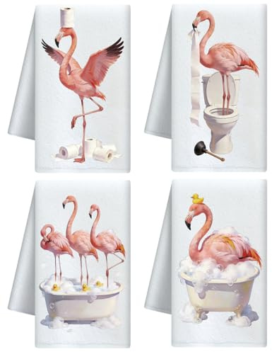 CUTHOLLOW 4er-Set Geschirrtücher mit Der unartige Flamingo Motiv - Weich & Saugfähig - Deko Trockentuch Microfaser für Küche, Tee, Kaffee, Bar, Zuhause, Einweihung, Geburtstag