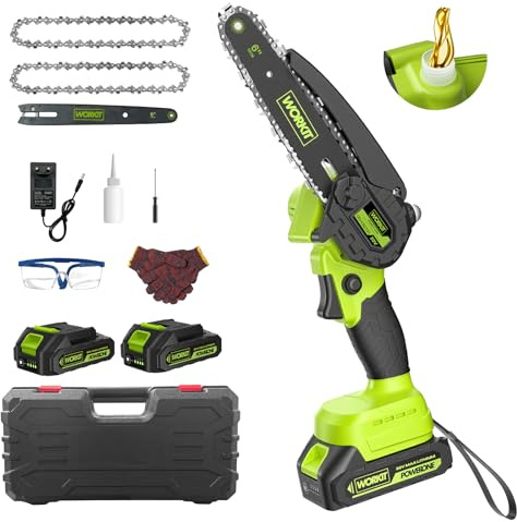 WORKIT Akku Kettensäge 15 cm, bürstenlose Mini Kettensäge mit 2 x 2,0 Ah Akkus, Einhand Astsäge mit automatischem Öler, werkzeugloser Kettenspannung, für Baumschnitt, Garten und Holz