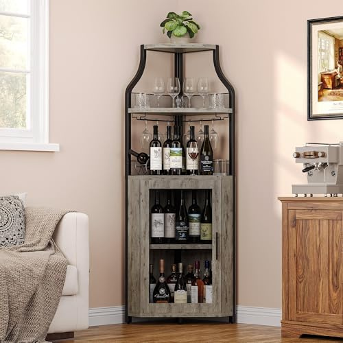 RBFGYIOP 4-Tier Corner Bar Cabinet, Industrial Freestanding Wine Storage Sideboard with Doors and Glass Holders, Adjustable Shelf & Anti-Tipping Devices, for Home Bar, Kitchen, Living Room, Grey