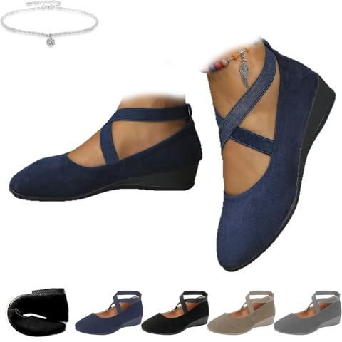 Zapatos cómodos y elásticos de mujer con tiras cruzadas, tacón de cuña, punta redonda, elegante, de ante, tacón bajo, zapatos de ballet, zapatos de bailarina de ocio, azul, 38.5 EU