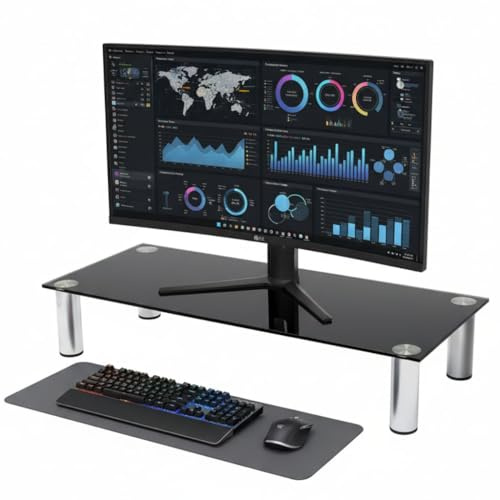 Mucola TV-Tisch Fernsehtisch Lowboard mit Ablage 80 cm Schwarz aus Glas | Gehärtetes Sicherheitsglas bis 30 kg, verchromte Metallbeine, Leichtlaufrollen, Kabelmanagement