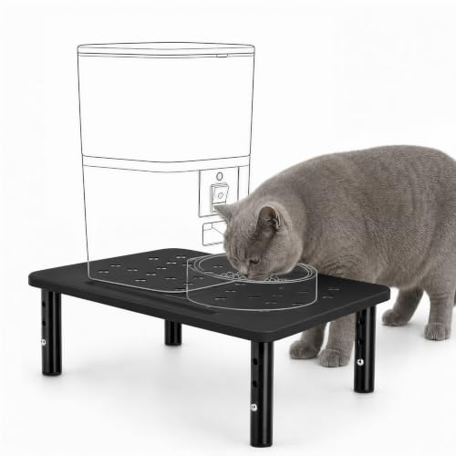 PICK FOR LIFE Automatic Cat Feeder Elevated Stand, 3-level Adjustable | Relieves Spine and Joints Noticeably in Pets, Sturdy Metal, Raises Bowl by 10/12/14cm, Lifted Pet Food Table Station, Black
