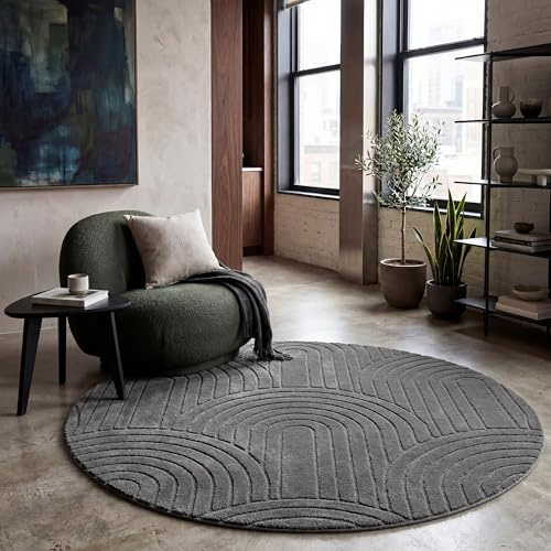 Paco Home Teppich Wohnzimmer Schlafzimmer Hochflor Weich Uni 3D-Optik Pflegeleicht Modernes Design Waschbar Anthrazit, Grösse:120 cm Rund