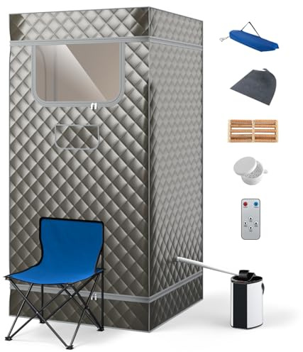 SPOTRAVEL Portable Steam Sauna, Folding Full Body Sauna Tent (Gray) | Steam Room with 3L Steamer Generator, Remote Control and Folding Chair for Home Spa