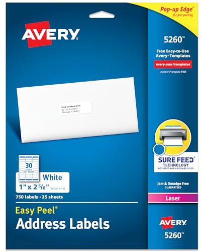 Avery Easy Peel Printable Address Labels with Sure Feed, 1 x 2-5/8 Customizable Stickers, White, 750 Blank Mailing Labels, Great for Mailing, Shipping, and More (5260)