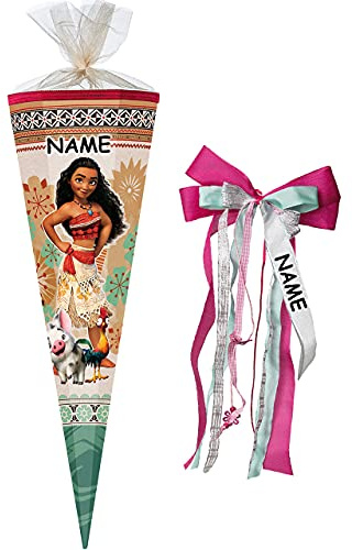 Schultüte - - Vaiana - 22 cm - rund - incl. Name und individueller großer Schleife - mit Tüllabschluß - Zuckertüte - Nestler - mit/ohne Kunststoff Spitz..