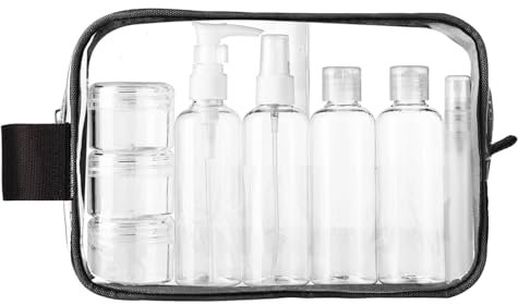 MOCOCITO Kulturbeutel durchsichtig und 8 Stück Reiseflasche Set (max.100ml) und Plastikbeutel für Flüssigkeiten zugelassen (20x20cm) nach EU&UK Handgepäckbestimmungen|Kulturtasche für Flüssigkeiten