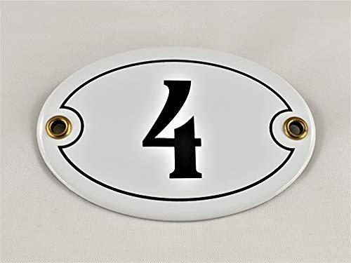 Emaille Hausnummer Schild Nr. 4, oval, Weiß-Schwarz Handarbeit