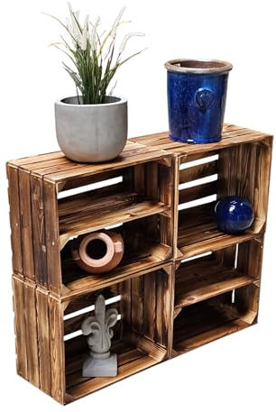 Teramico Brandneue Obstkisten/Weinkisten/Holzkisten 50 x 40 x 30cm Tolle Set-Angebote -Geflammt - massiv und stabil - Ideal zum Möbelbau - Spitzenqualität (4er Set geflammt Ablage lang)