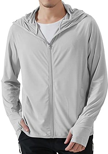 Locachy Men's UPF 50+ Sun Protection Outdoor Lightweight Full Zip Hoodie Jacket Long Sleeve Fishing Hiking Performance Shirt Light Grey L