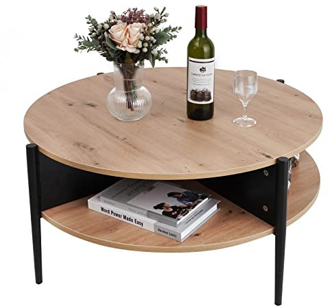 7RiversART Wood Round Coffee Table with 2-Tier Storage Partitioned Shelf Industrial Modern Design Sofa Table for Living Room