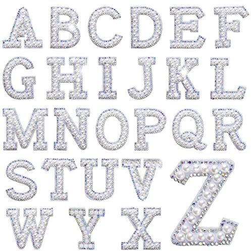 LUTER 26pcs Iron on Letters Patches, Rhinestone White Letter Patches for Clothing A-Z Alphabet Patches Sew on Pearl Letter Patches for Jackets Jeans Pants Hats Bags