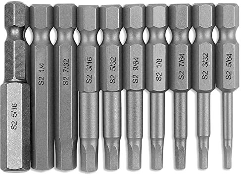 Treki 10pcs Puntas de Destornillador de Cabeza Hexagonal Eléctrico 1/4 Vástago Hexagonal Allen Imperial 5/64-5/16 SAE (50mm)