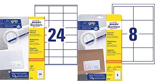 AVERY Zweckform 3475 Adressaufkleber (2.400 Klebeetiketten, 70x36mm auf A4) 100 Blatt, weiß & 4782 Universal Etiketten (200 plus 40 Klebeetiketten extra, 97x67,7mm auf A4) 30 Blatt, weiß