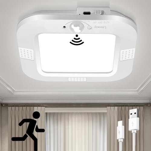 LINEWAY Batteriebetriebene Deckenleuchte mit Bewegungsmelder Wiederaufladbar Deckenlampe, Akku Deckenleuchte Lampe mit Batterie LED Sensorleuchte 220LM Ø15cm für Schrank Flur Balkon