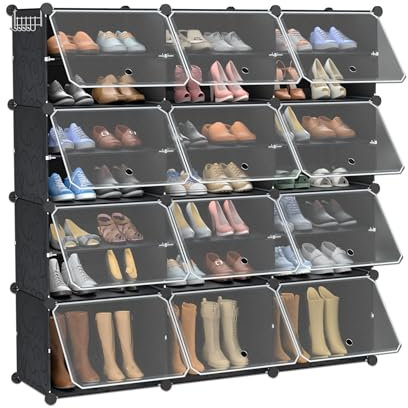LARS360 Schuhregal, 8 Stufiger Schuhschrank, DIY Kunststoff-Schuhkarton für Garderobe, Flur, Schlafzimmer (122 x 32 x 124 cm), Schwarz, LARS-(HAG2475E)-1
