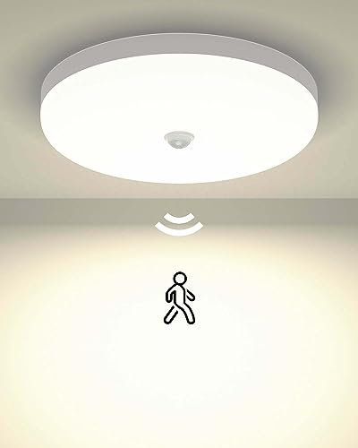 Luxvista LED Deckenlampe mit Bewegungsmelder Innen 30W 4000K IP56 Rund Deckenlampe 3000LM LED Deckenleuchte für Flur, Treppe, Veranda, Garage, Carport, Balkon, Abstellraum, Keller 1er Stück-Weiß