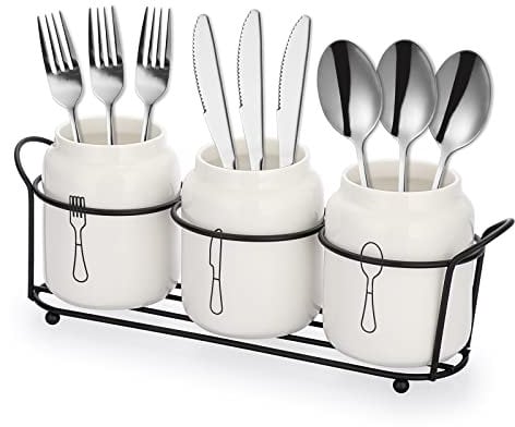 SUMNACON 3-teiliges Besteckkasten Keramik Besteckkorb Besteckhalter Utensilienhalter Keramikbesteck Metallgestell Löffelhalter Töpferware Organizer Arbeitsplatte Küchentisch Schrank Küche Weiß