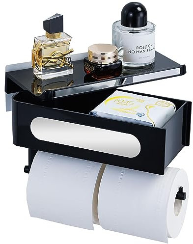 ANMEISH Toilet Roll Holder with Shelf, 3-in-1 Tissue Roll Paper Holder with Rotating Storage Box, Black ABS Toilet Roll Holders Wall Mounted, Self Adhesive or Screw for Bathroom Washroom