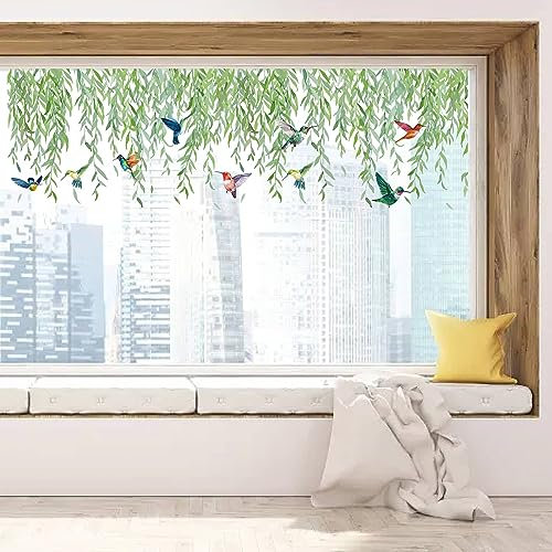 GORGECRAFT 118x39cm Große Fensteraufkleber Aus Korbgeflecht Grüne Blätter Hängende Ranke Kolibri Fensteraufkleber Doppelseitig Transparent Statisch Fensteraufkleber Glasschiebetür-Dekoration