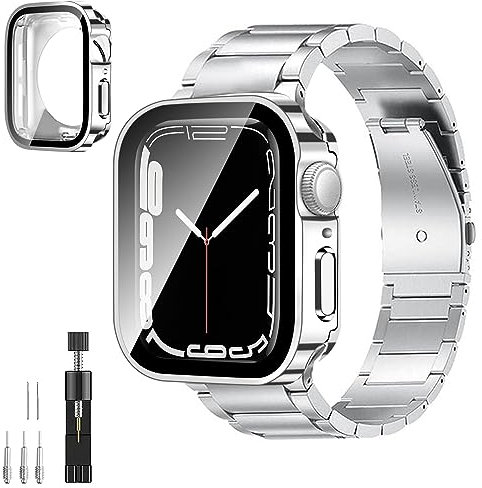 BELIYO Armband Kompatibel mit Apple Watch 9/8/7 41mm,Armband aus edelstahl und 360°wasserdicht schutzhülle für Apple Watch schutzhülle 41mm(41mm,Silber)