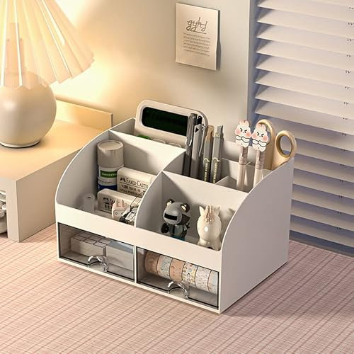 Rhys Multifunktionaler Schreibtisch Organizer,Plastik Tisch Organizer mit Schublade,für Büro Zuhause Schule,für Bürobedarf,Schreibwaren und Schreibtisch-Accessoires,Weiß