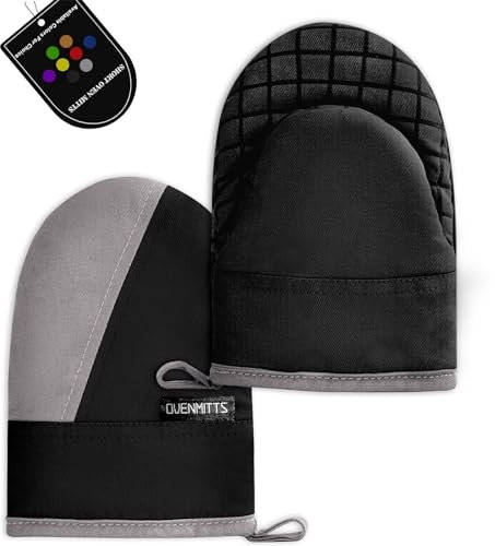 Mini Oven Mitts, Kitchen Oven Gloves Kitchen Mittens 500 Degrees Heat Resistant Baking Gloves, Non-Slip Silicone Surface with Hanging Loops Hot Gloves for Cooking, Baking, BBQ 1 Pair-Black